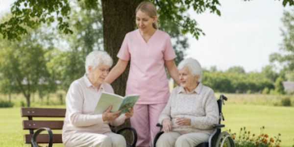 Caregiver spending time outdoors with two elderly women, one in a wheelchair and one on a bench.