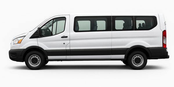 White extended passenger van with multiple windows and black trim.