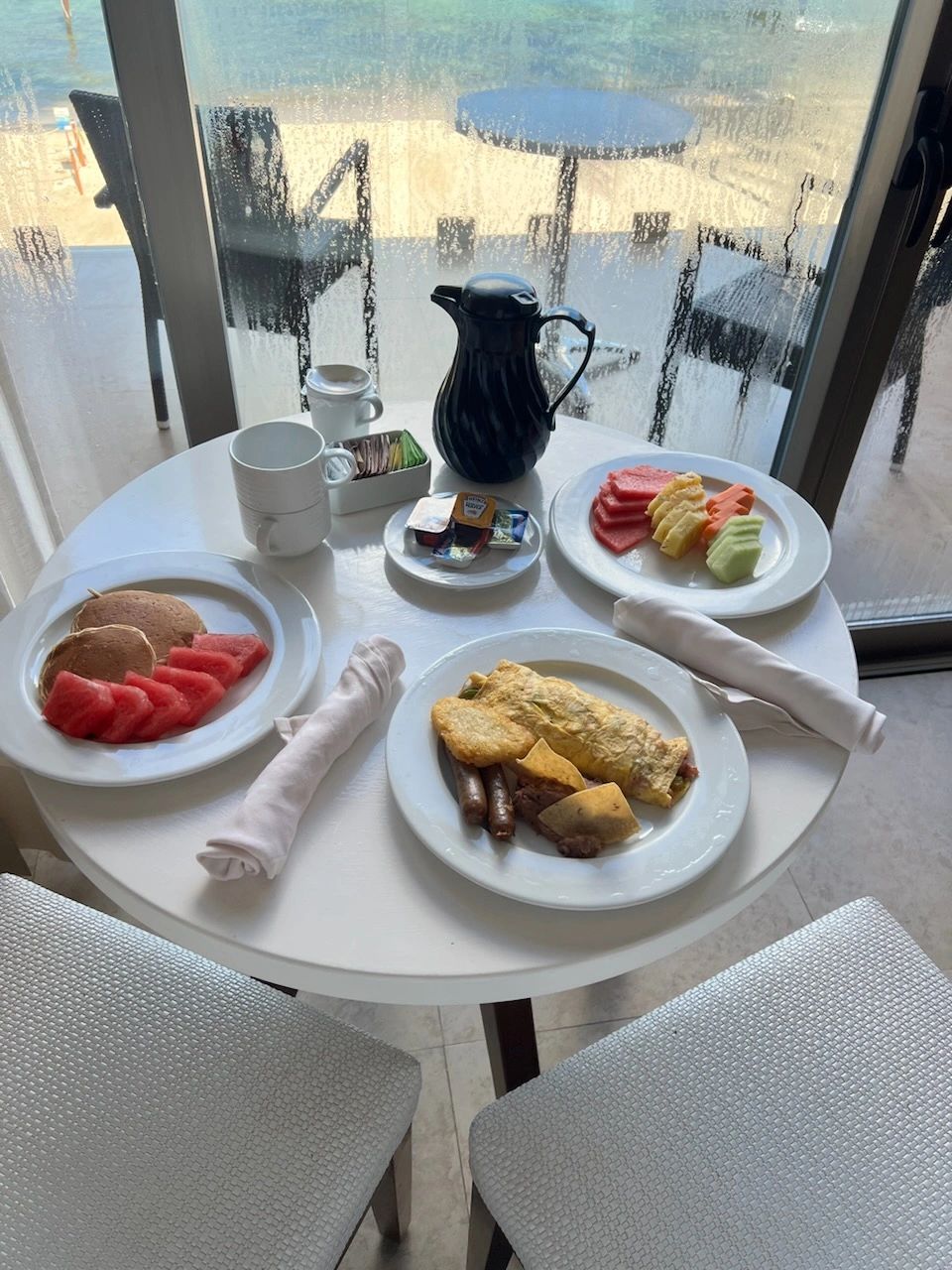 In-room breakfast in our Ocean Front Suite at Secrets Aura Cozumel!
