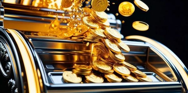 Golden coins pouring out of a slot machine on a shiny tray.