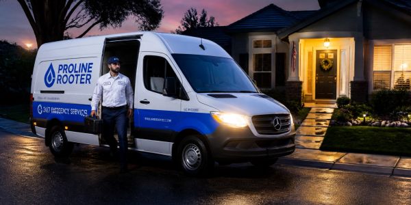 Plumber from Proline Rooter exiting van at night.