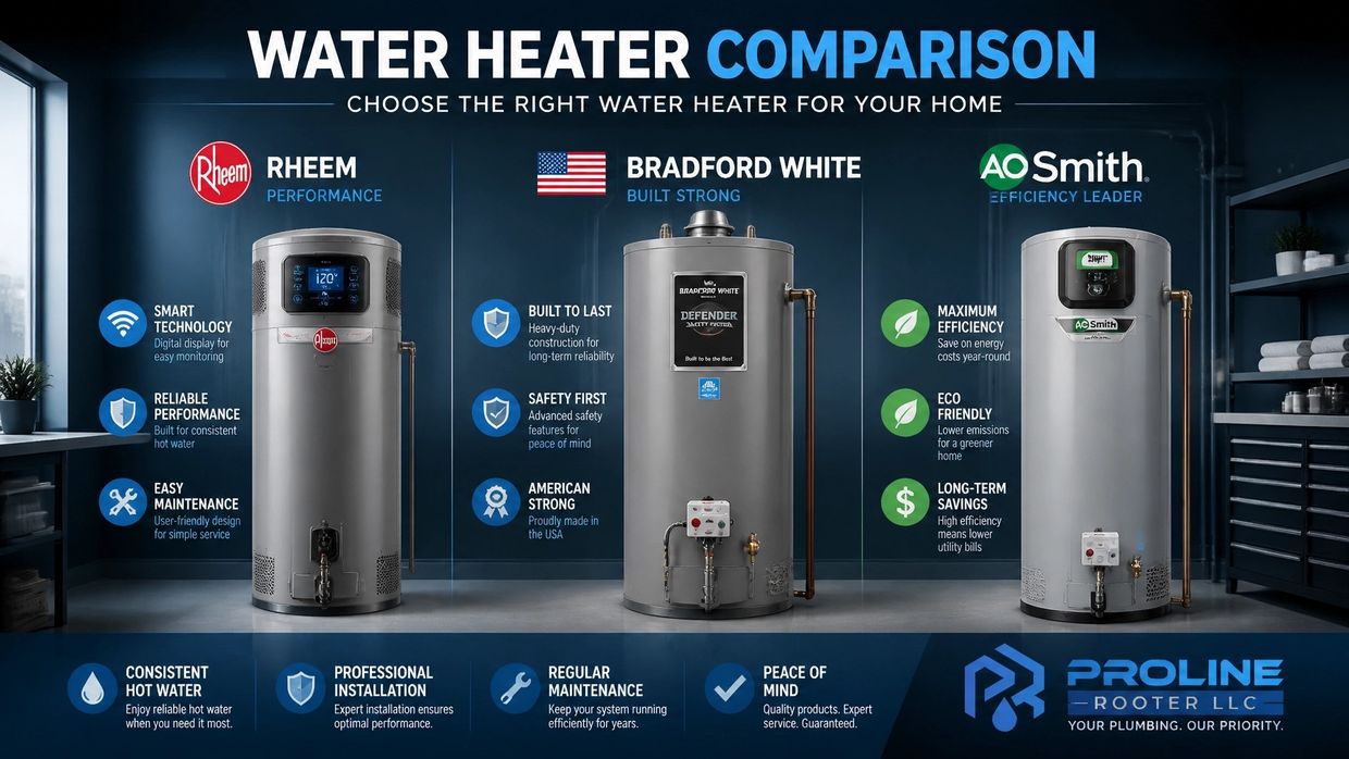 Comparison of Rheem, Bradford White, and AO Smith water heaters.