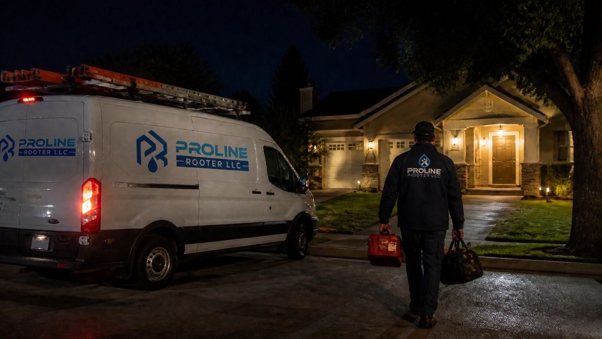 Plumber approaches a house at night with tools.
