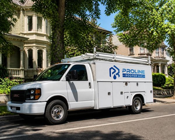 White utility truck for Proline Rooter LLC parked on a city street.