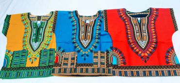 100% Cotton Dashiki for Children, Unisex. Assorted colors. Sizes S - XL. 
Machine washable.
