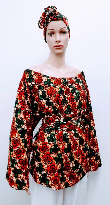 African Print Off Shoulder Neckline, Full Sleeve Over-sized Blouse.
100% Cotton. Machine wash cold.