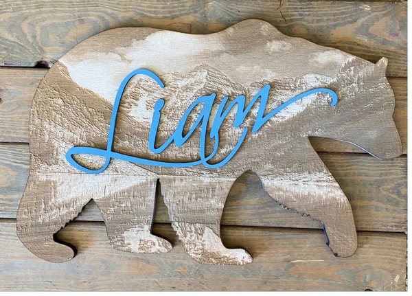 A custom name piece we did for a kiddo with the Maroon Bells in the background