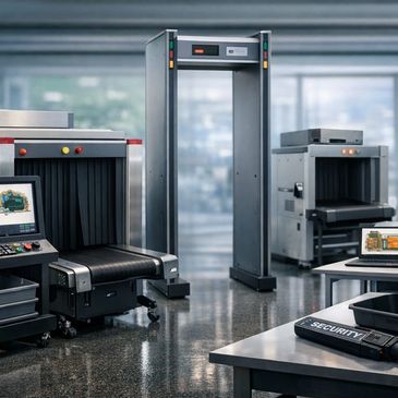 Security screening area with metal detector and X-ray machines.
