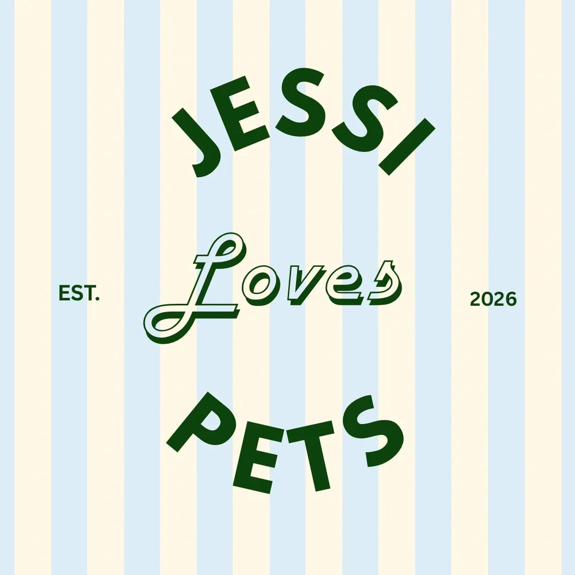 Logo with text 'Jessi Loves Pets' on blue and cream stripes.