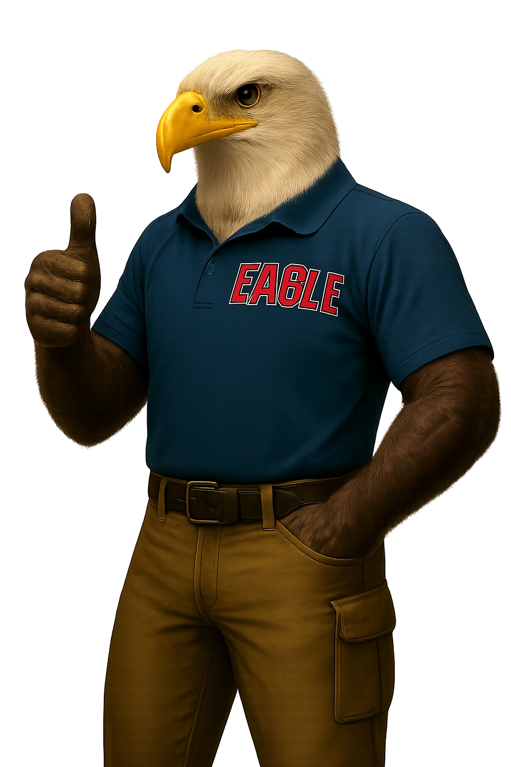 Anthropomorphic eagle with muscular arms gives a thumbs up, wearing a blue polo shirt and tan pants.