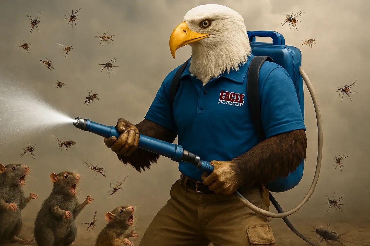 Eagle-headed pest control worker sprays bugs and scares rats away.