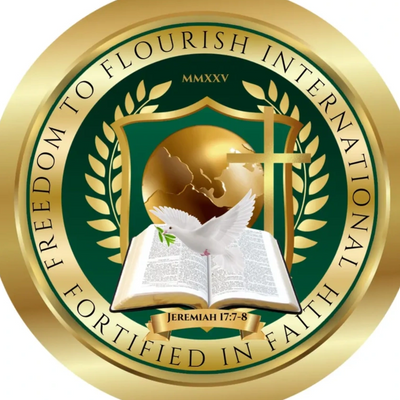 Emblem of Freedom to Flourish International featuring a dove, Bible, and cross.