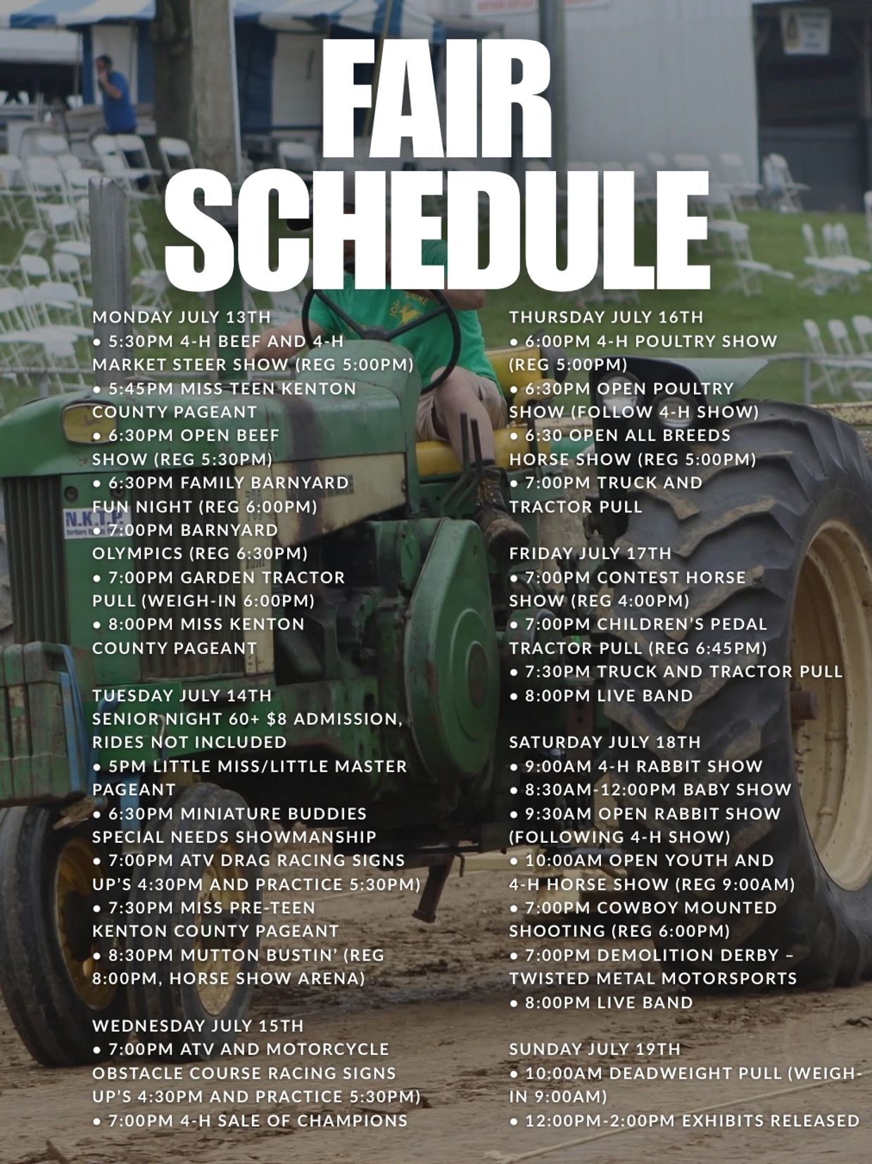 Fair schedule listing daily events from July 13th to 19th.
