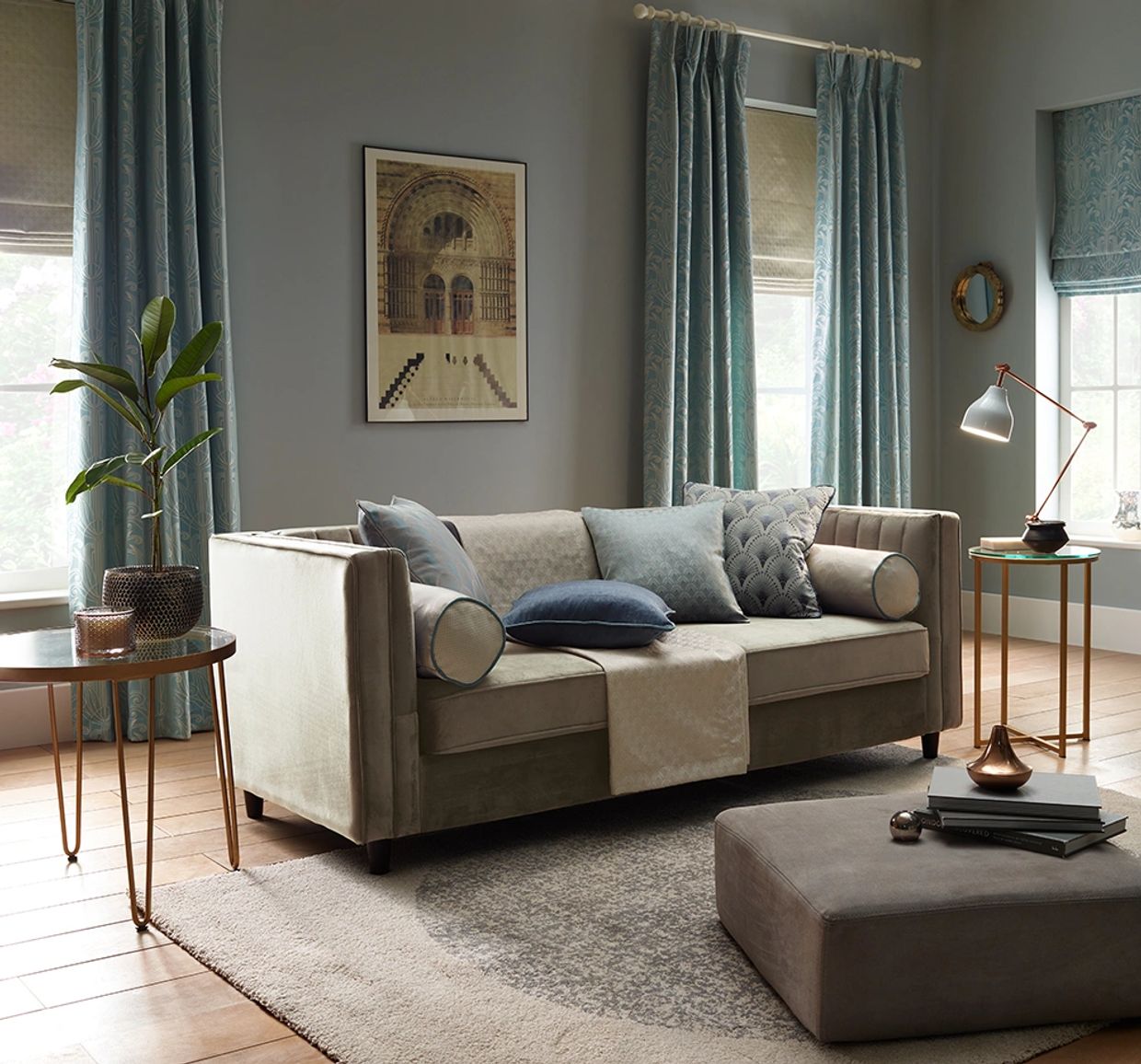 made to measure pinch pleat curtains with roman blinds behind