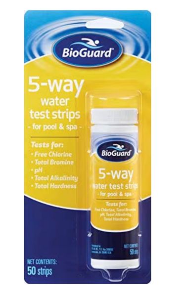 BioGuard 5-way water test strips for pool and spa water quality.