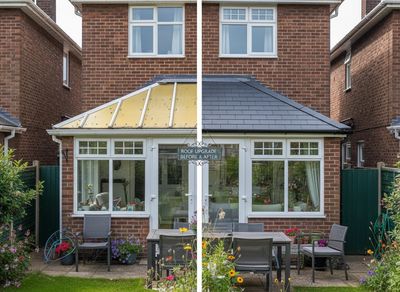 Side-by-side comparison of a conservatory roof before and after renovation.