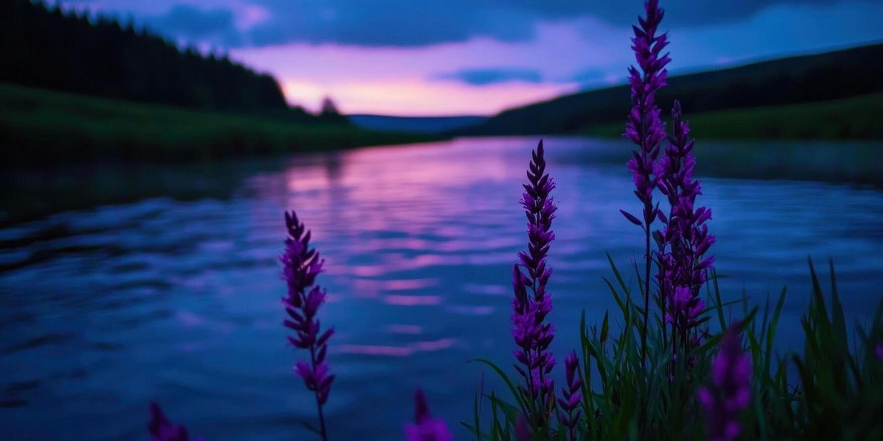 Purple flowers by a serene river at twilight with a colorful sky.