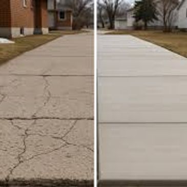 Side-by-side comparison of cracked old driveway and newly repaired smooth driveway.