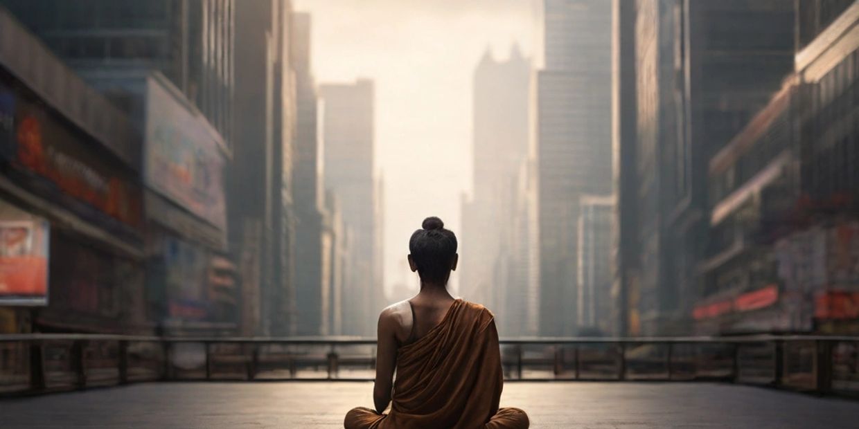 Woman meditating in the middle of a city surrouded by tall skycrapers