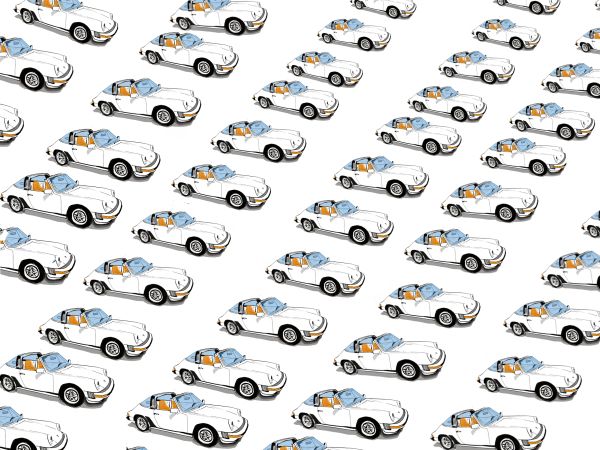 Pattern of white convertible cars with blue windshields.