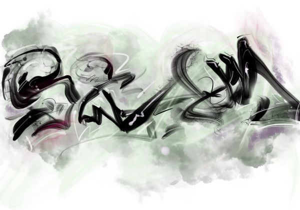 Abstract black and gray graffiti with a smoky background.