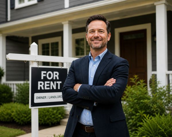 Smiling man standing confidently in front of a house with a For Rent sign.