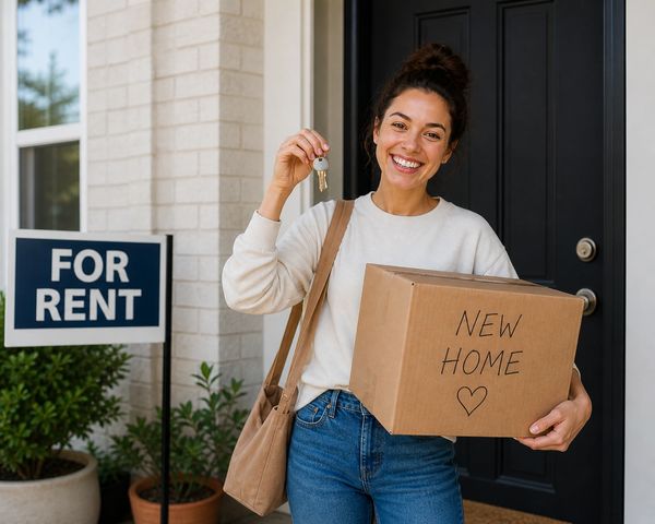 Happy woman holding keys and a box labeled 'New Home' in front of a rental house.