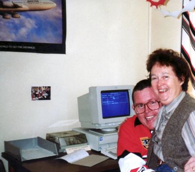 My desk at St John's and my lovely friend J.J.  the School Librarian