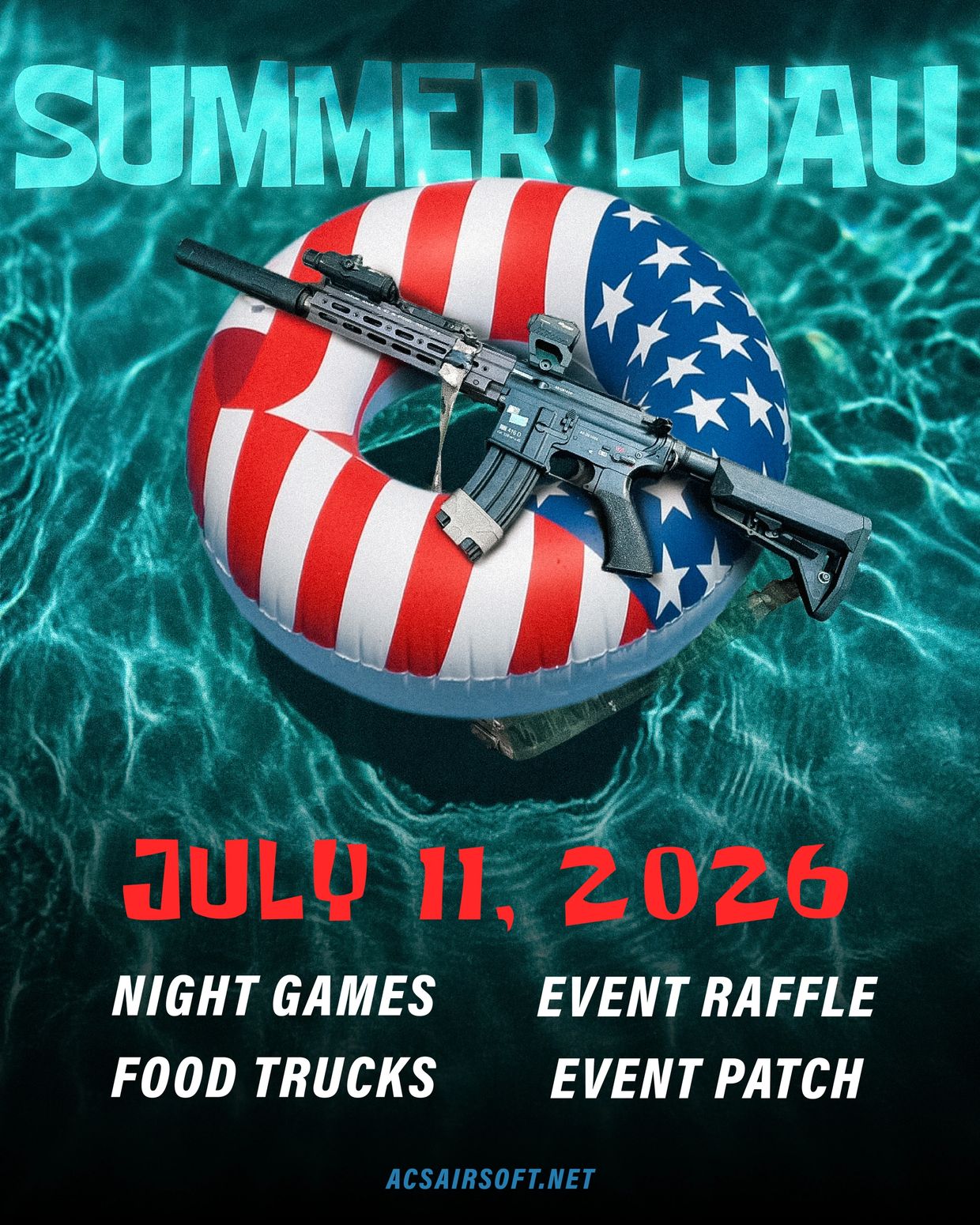Summer Luau event poster with a patriotic float and rifle in a pool.