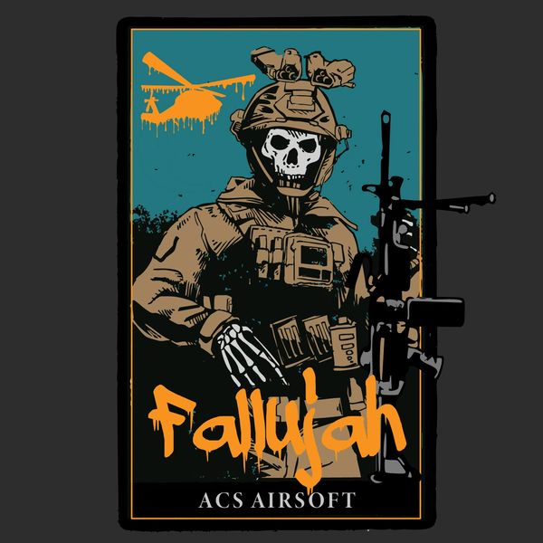 Graphic of a soldier with a skull face and the word 'Fallujah'.