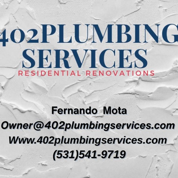 Business card for 402 Plumbing Services with contact details and website.