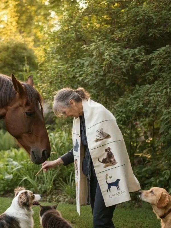 A picture of an animal chaplain with a horse, two dogs, and a cat standing in a woodland garden.