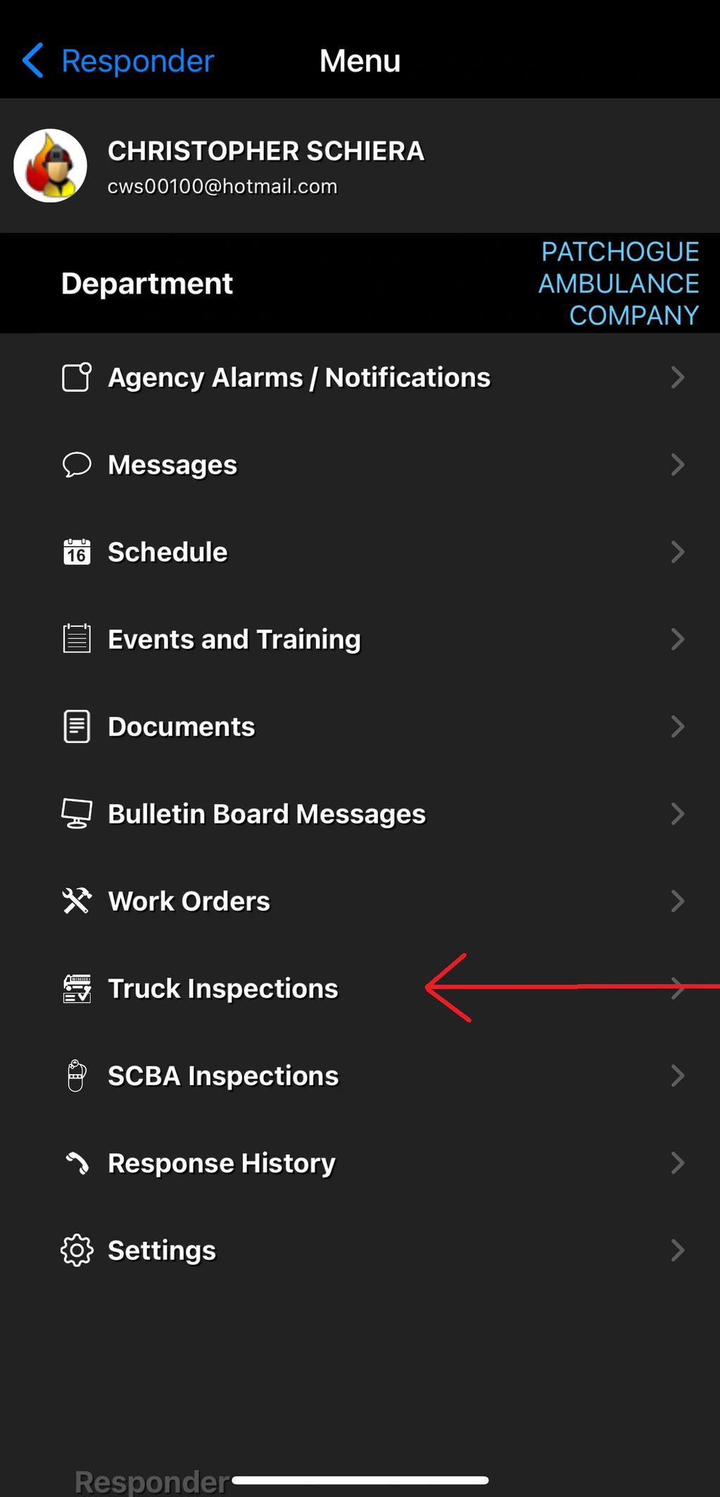 Menu screen with department options for an ambulance company.