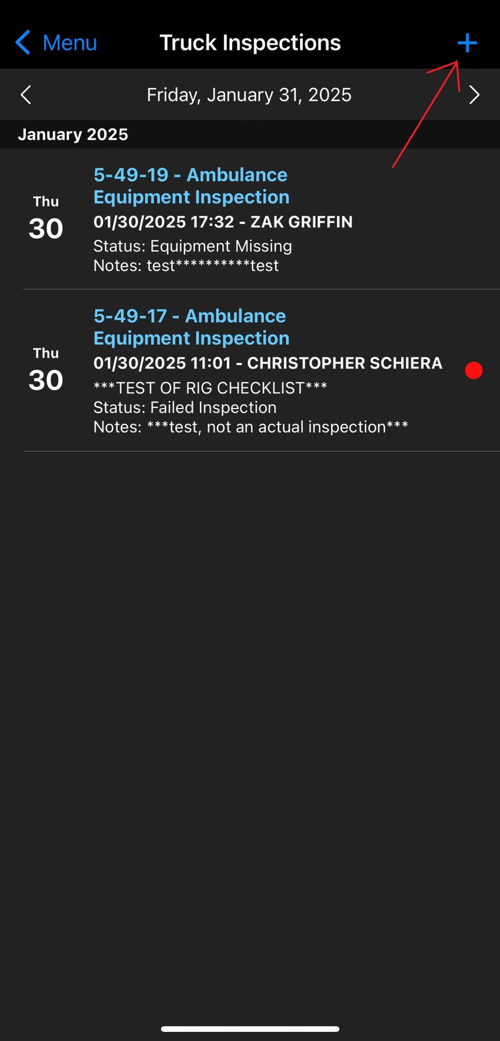 Truck inspections list with two ambulance equipment inspections.