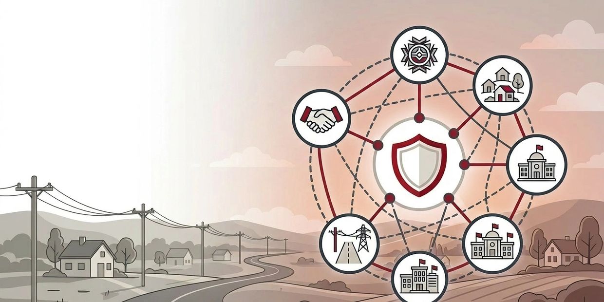 A shield symbol connected to various community and infrastructure icons.