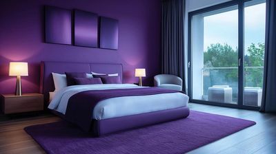 Modern bedroom decorated with purple LED strip lights along ceilings.
