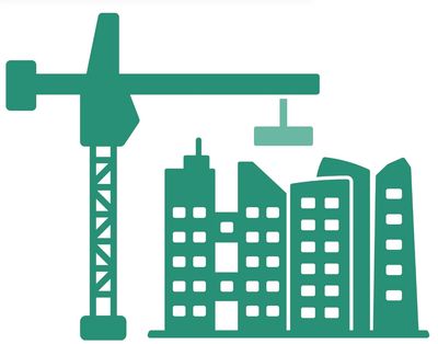 Illustration of a construction crane and buildings under development.
