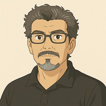 Illustration of a middle-aged man with glasses and a beard wearing a black polo shirt.