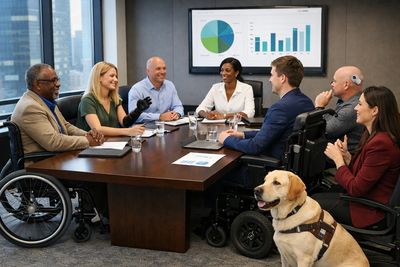 Diverse professionals, some with disabilities, engaged in a meeting with a service dog present.