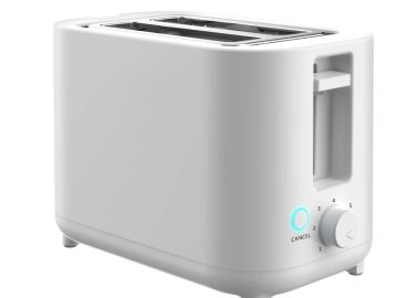 White two-slot toaster with cancel button and dial.