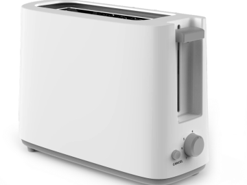 White two-slice toaster with a dial and cancel button.