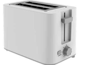 White two-slot toaster with controls.