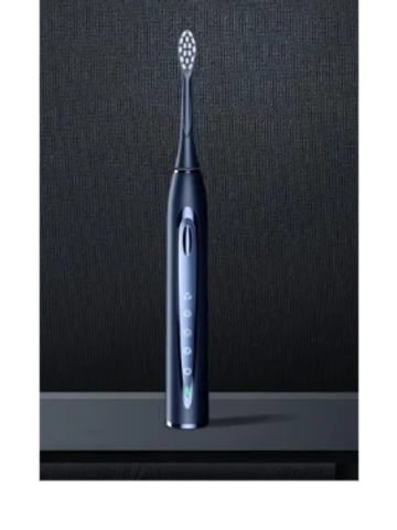 Black electric toothbrush standing upright.