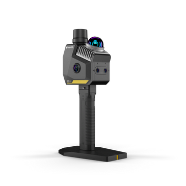 A modern thermal imaging camera on a handheld stand.