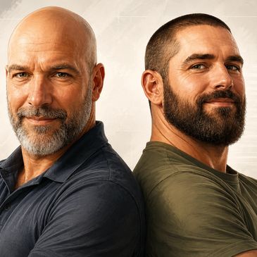 Two confident men with beards posing back-to-back.