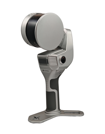 A modern handheld device with a circular top and ergonomic handle.