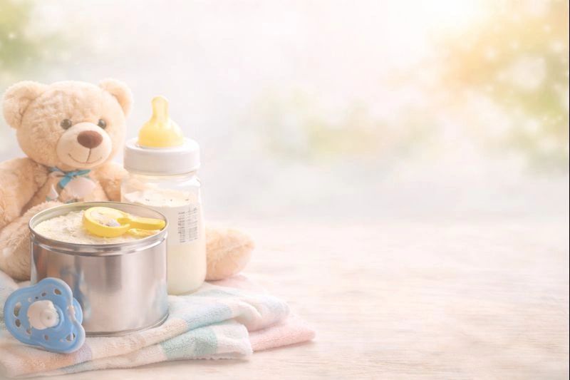 Baby essentials including teddy bear, milk bottle, and pacifier on soft towels.