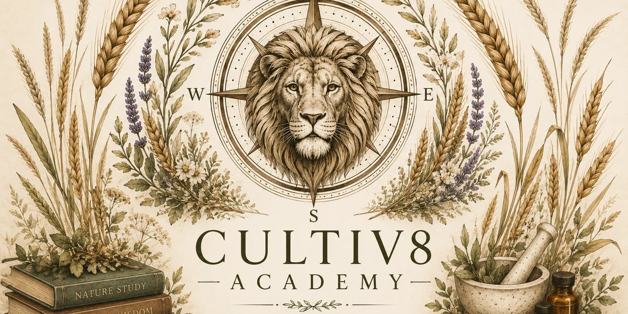 Illustration of a lion's head with botanical elements and books, representing Cultiv8 Academy.