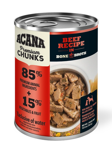 Can of Acana premium chunks beef recipe dog food in bone broth.