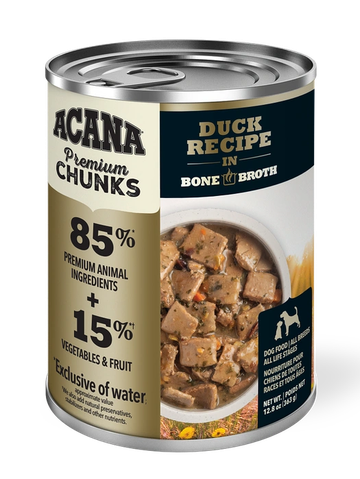 Can of Acana duck recipe dog food in bone broth with premium chunks.